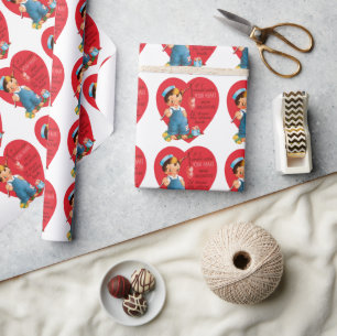 Papier Cadeau Saint-Valentin rétro, garçon pêcheur de cœurs vint