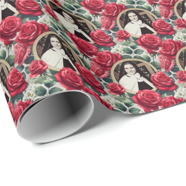 Papier Cadeau Sainte Thérèse de Lisieux Roses rouges (Coin rond)
