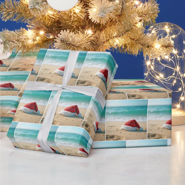 Papier Cadeau Santa Claus Casquette sur une plage tropicale (Vacances)
