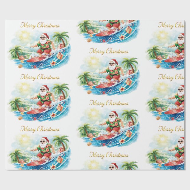 Papier Cadeau Santa Claus Christmas in July at the beach surfer (Plat)