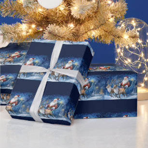 Papier Cadeau Santa Clause avec le renne traîneau paysage neigeu