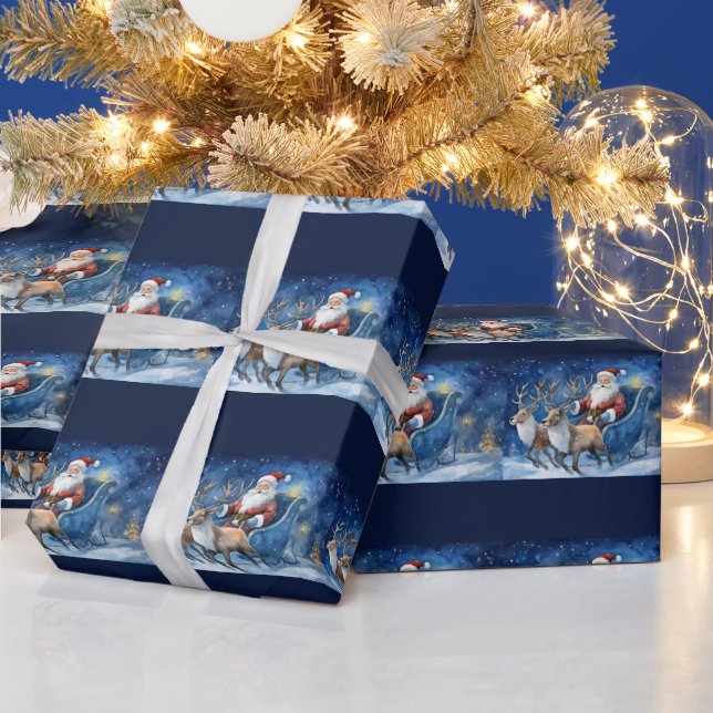 Papier Cadeau Santa Clause avec le renne traîneau paysage neigeu (Vacances)