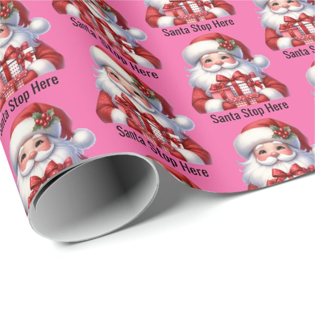 Papier Cadeau Santa Cute Jolly Girl Pink Red Presents (Coin rond)