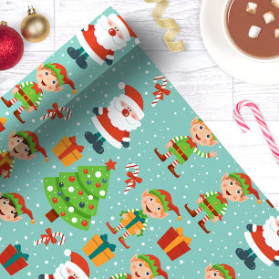 Papier Cadeau Santa et Elfes Sapin de Noël Cute Fêtes