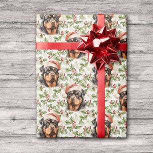 Papier Cadeau Santa Hat Rottweiler Chien Christmas Holly