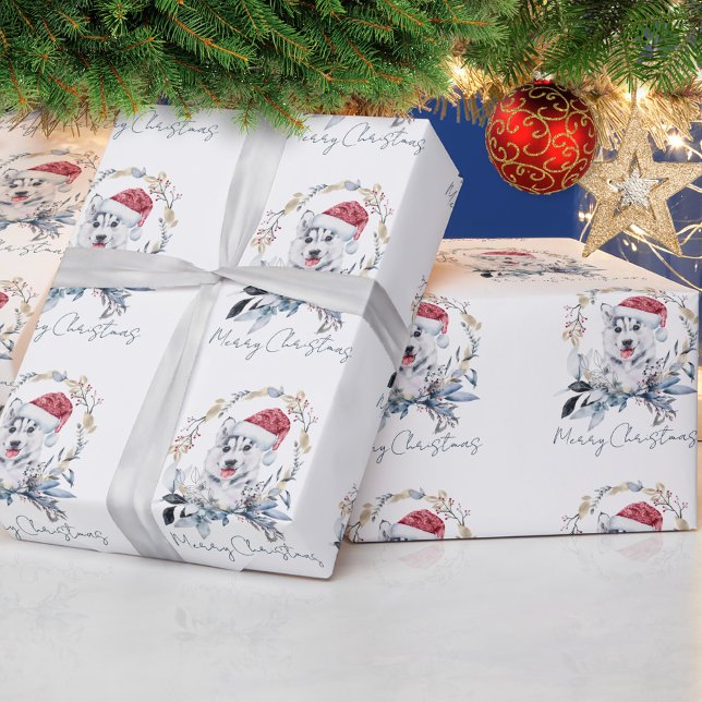 Papier Cadeau Santa Hat Sibérie Husky Pup Vacances de la couronn (Créateur téléchargé)