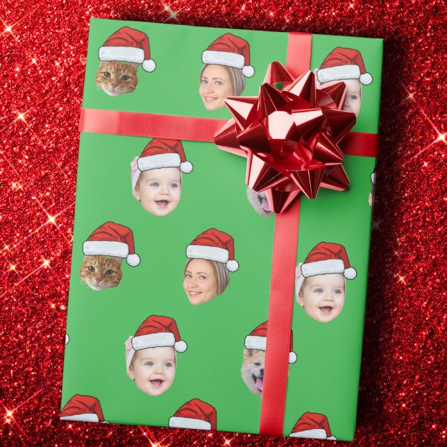 Papier Cadeau Santa Hat Visage Personnalisé Famille 5 Photos Noë (Créateur téléchargé)