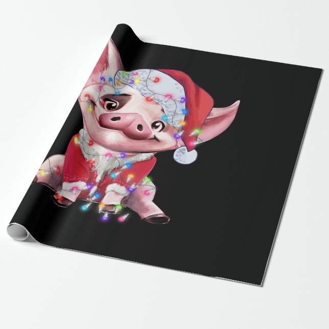 Papier Cadeau Santa Pig Christmas Lights Pig Lover Christmas (Déroulé)