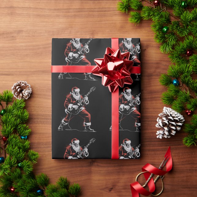 Papier Cadeau Santa Playing Guitar Retro 90s Christmas Rock  (Cadeau de vacances)