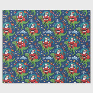 Papier Cadeau Santa Riding a Dinosaur Funny Christmas Design