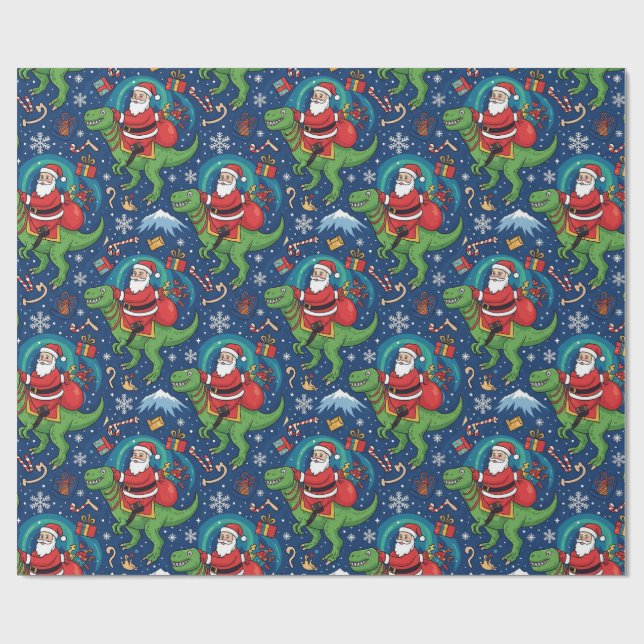 Papier Cadeau Santa Riding a Dinosaur Funny Christmas Design (Plat)
