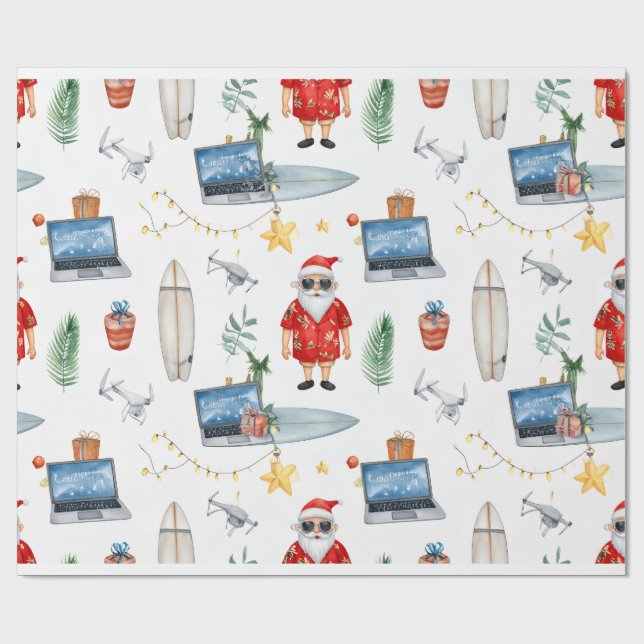 Papier Cadeau Santa with computer and Surfboard on Christmas  (Plat)