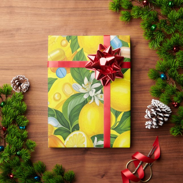 Papier Cadeau Santé et pharmacie Capsule jaune citron (Cadeau de vacances)