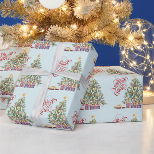 Papier Cadeau Sapin de Noël avec étoile dorée et cadeaux