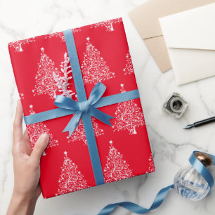Papier Cadeau Sapin de Noël blanc fond rouge élégant chic