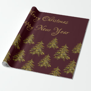 Papier Cadeau Sapin de Noël doré scintillant sur fond rouge de N