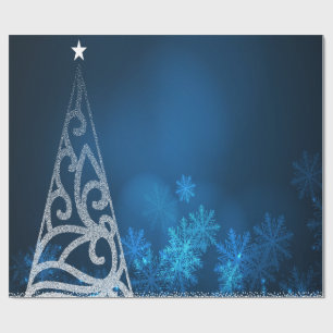 Papier Cadeau Sapin de Noël,Étoile,Flocons de neige Fête bleue