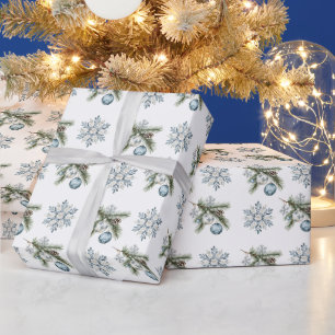 Papier Cadeau Sapin de Noël Flocons d'Argent Ornements Bleus