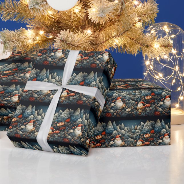 Papier Cadeau Sapin de Noël Forêt Fleurs Rouges (Vacances)