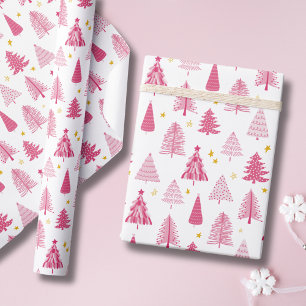 Papier Cadeau Sapin de Noël rose pour les Fêtes