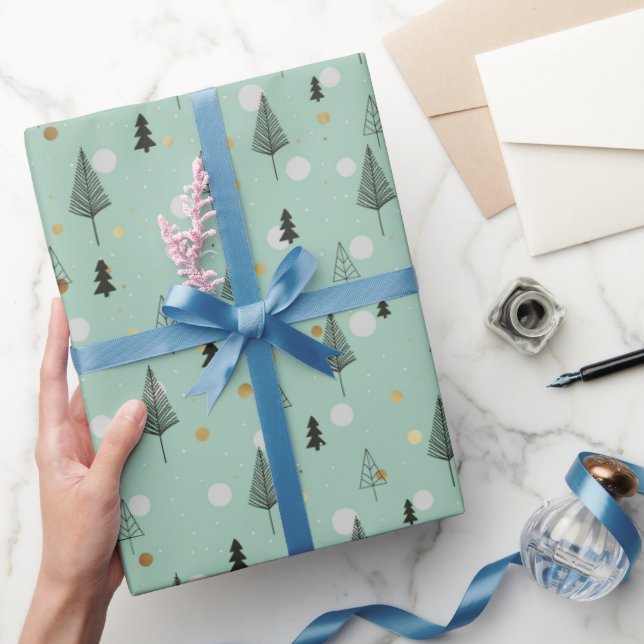 Papier Cadeau sapin vert menthe moderne arbres de Noël (Cadeaux)