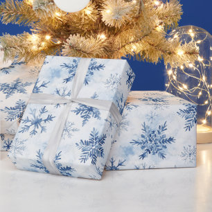 Papier Cadeau Sapins de Noël Bleus Blancs Flocons de Neige