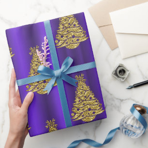 Papier Cadeau Sapins de Noël en Or Métallisé sur Fond Violet de