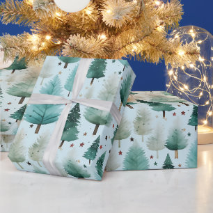 Papier Cadeau Sapins de Noël et Étoiles Moderne Noël
