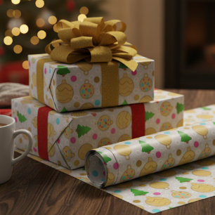 Papier Cadeau Sapins de Noël illustrés et ornements dorés