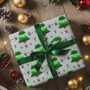 Papier Cadeau Sapins de Noël modernes superposés et étoiles arge