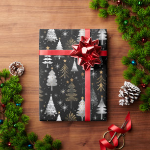 Papier Cadeau Sapins de Noël noirs, argentés et dorés