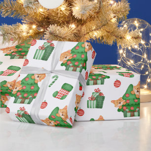 Papier Cadeau Sapins de Noël, ornements et chats 