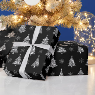 Papier Cadeau Sapins de Noël Pailletés Élégants Noir et Argent
