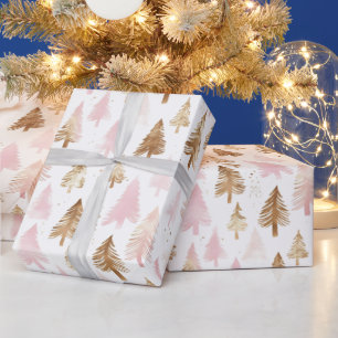Papier Cadeau Sapins de Noël rose et or
