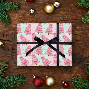 Papier Cadeau Sapins de Noël roses décorés de nœuds.