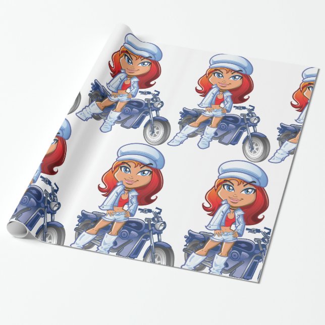 Papier Cadeau Sassy Biker Girl avec cheveux rouges et moto (Déroulé)