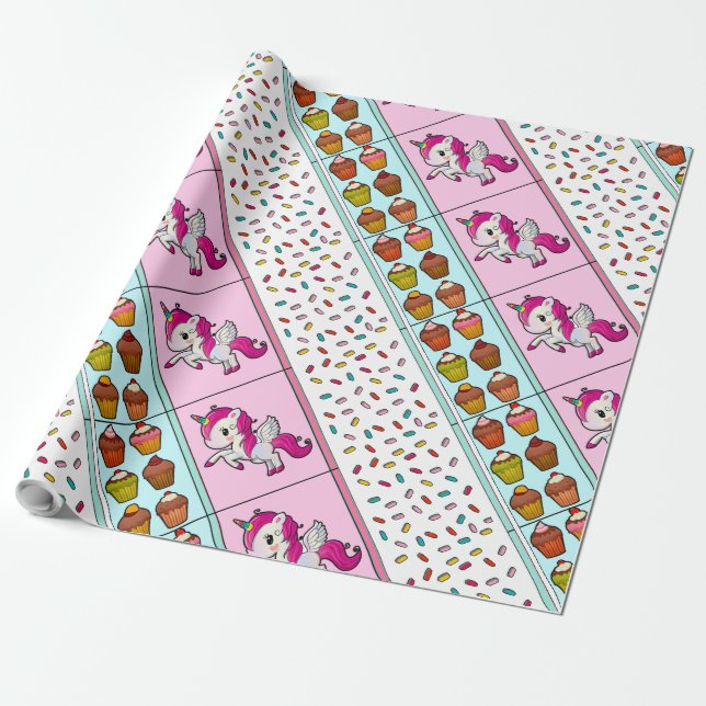 Papier Cadeau Saupoudrer, licornes et gâteaux Envelopper (Déroulé)
