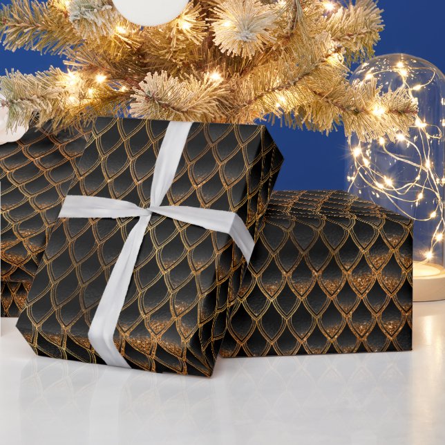 Papier Cadeau Scales de dragon noir et or (Vacances)