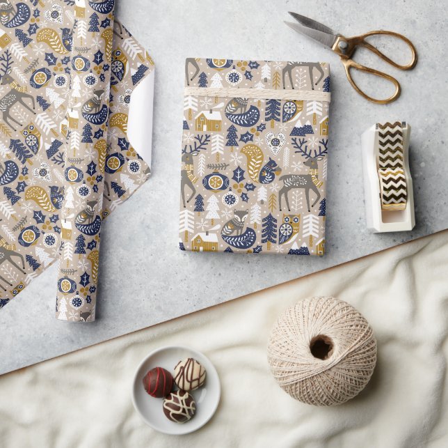 Papier Cadeau Scandi Noël mignon Bois Animaux Taupe (Artisanat)