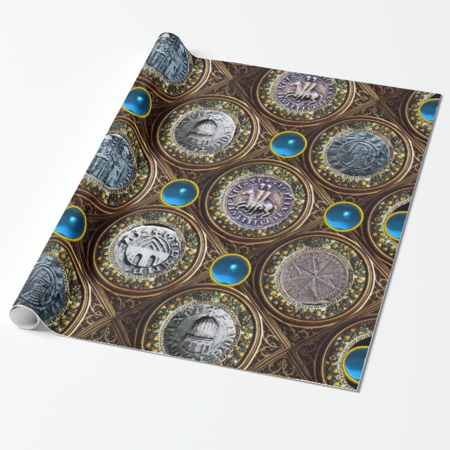 Papier Cadeau SCEAU DES CHEVALIERS MODÈLE Bleu Sapphire Gems (Déroulé)