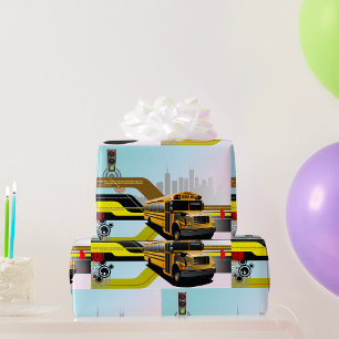 Papier Cadeau Scène de la ville des autobus scolaires