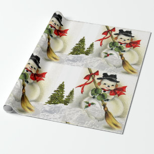 Papier Cadeau Scène de neige avec Snowman Vintage
