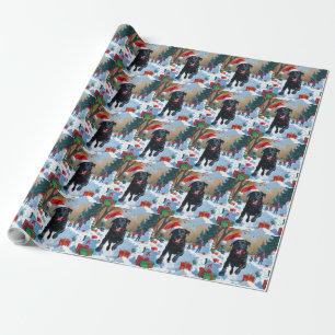 Papier Cadeau Scène de neige festive de Noël avec un Labrador no