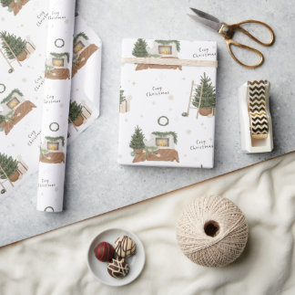Papier Cadeau Scène de Noël Rustique Aquarelle cadeau de vacance