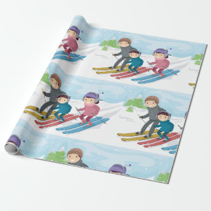 Papier Cadeau Scène de ski en famille en hiver enneigé