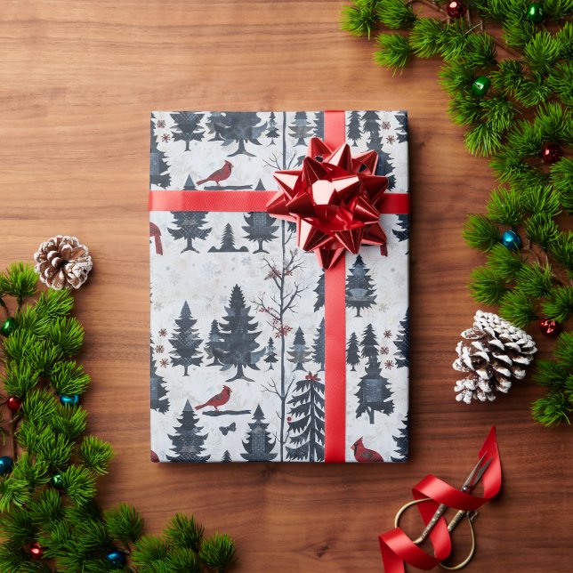 Papier Cadeau Scène D'Hiver Avec Arbres, Oiseaux Rouges Et Neige (Cadeau de vacances)