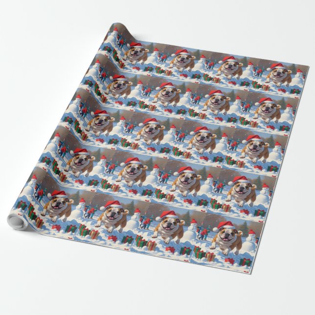 Papier Cadeau Scène enneigée festive de Noël Bulldog (Déroulé)
