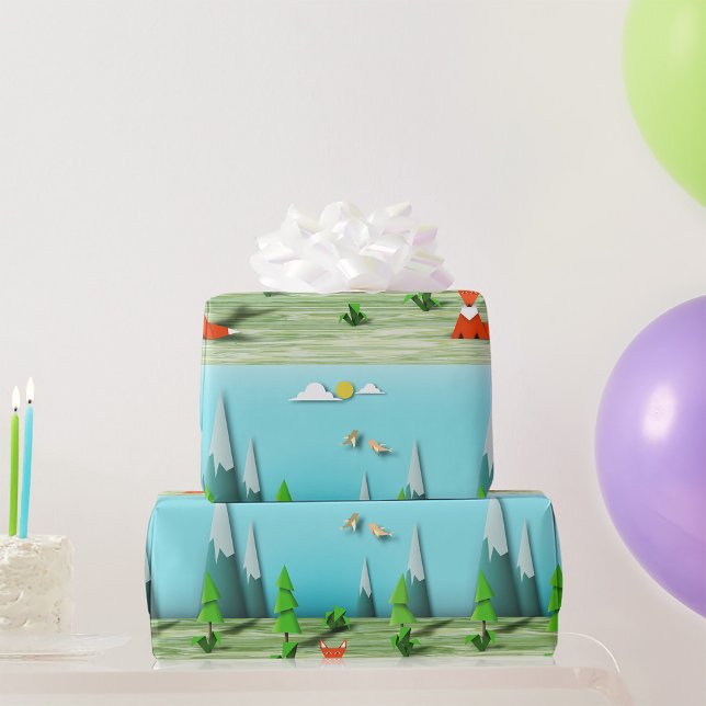 Papier Cadeau Scène forestière d'Origami avec les montagnes et l (Créateur téléchargé)