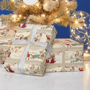 Papier Cadeau Scènes hivernales vintages avec des enfants joyeux