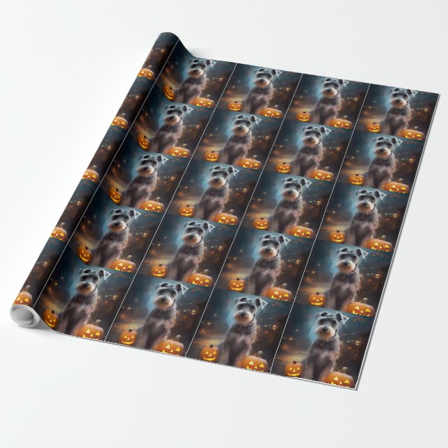 Papier Cadeau Schnauzer d'Halloween avec la peur Citrouille (Déroulé)